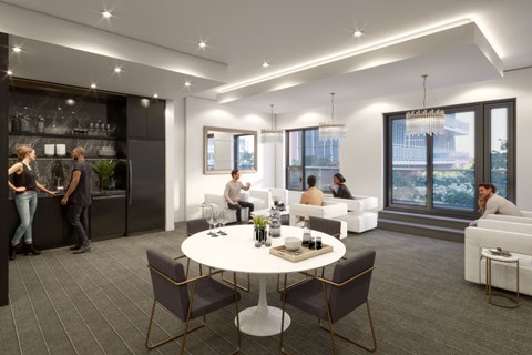 a rendering of a living room with a white table and chairs